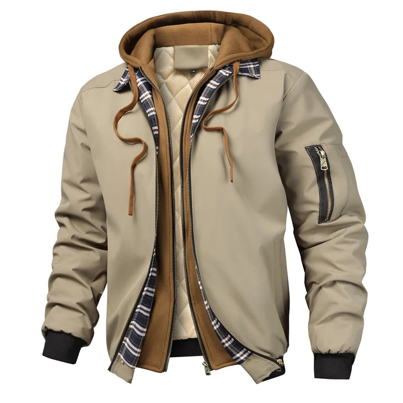 Men's Hooded Bomber Jacket – Full Zip Long Sleeve Jacket with Drawstring Hood