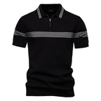 Men's Stripe Trim Polo Shirt with Short Sleeves and Zip Neck