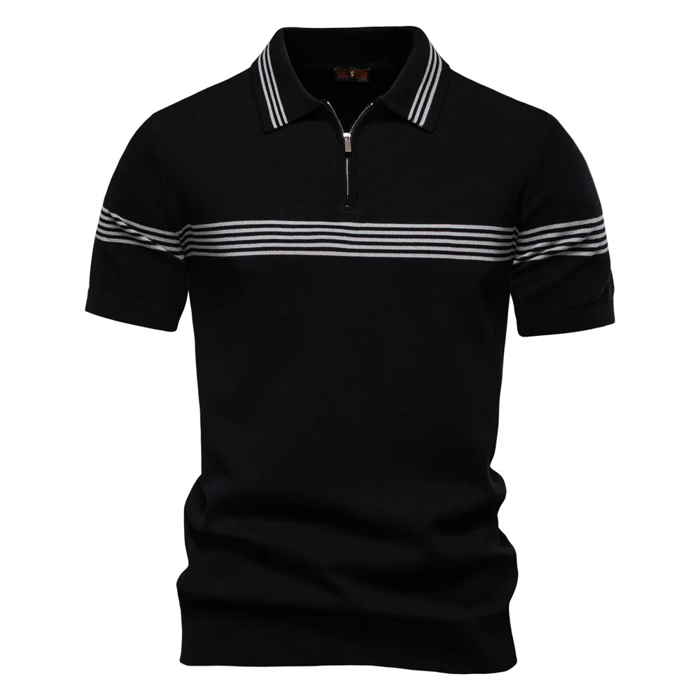 Men's Stripe Trim Polo Shirt with Short Sleeves and Zip Neck