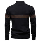 Men's Knitted Quarter-Zip Jumper with High Collar and Horizontal Striped Detail