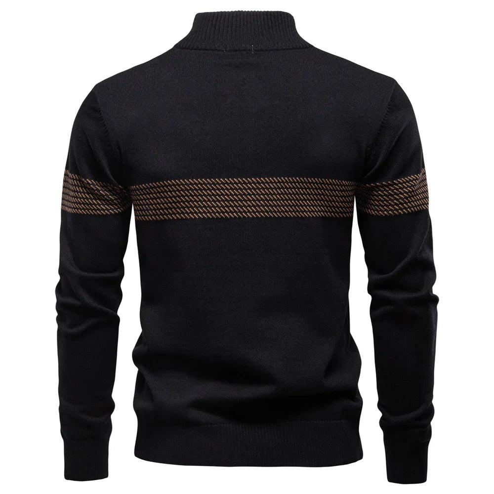 Men's Knitted Quarter-Zip Jumper with High Collar and Horizontal Striped Detail
