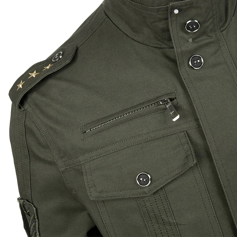 Men's Military Style Utility Jacket – Long Sleeve Zip Front with Multiple Pockets