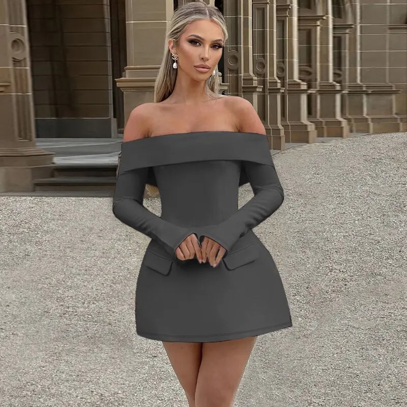 Long Sleeve Off Shoulder Skater Mini Dress