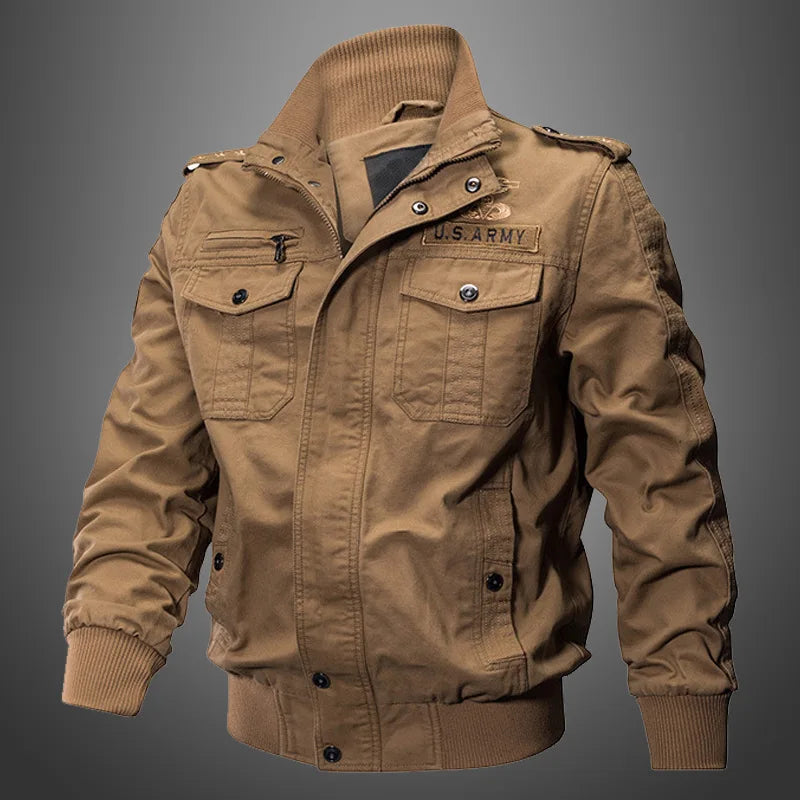 Men's Military Style Utility Jacket – Long Sleeve Zip Front with Multiple Pockets