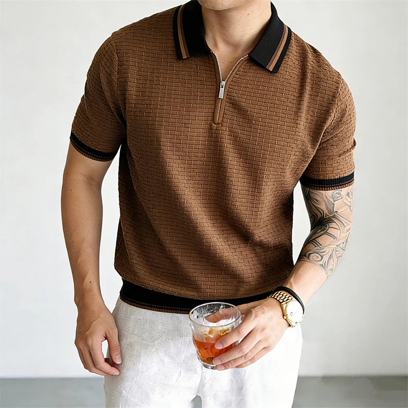 Textured Knit Short Sleeve Polo Top