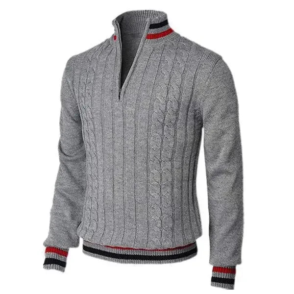 Men's Cable Knit Quarter Zip Jumper with Striped Trim