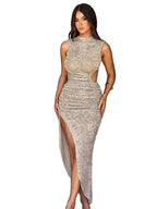High Neck Fitted Maxi Dress With Lace