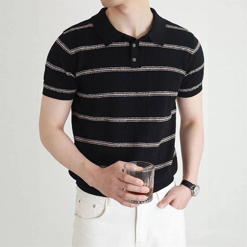 Men's Stripe Pattern Collared Polo Shirt