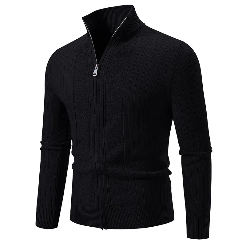 Men's Knitted Quarter Zip Jumper – Long Sleeve Ribbed Sweater with Stand Collar