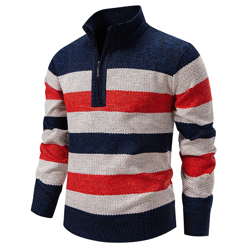 Men's Knitted Striped Quarter-Zip Jumper – Long Sleeve High Neck Pullover
