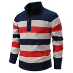 Men's Knitted Striped Quarter-Zip Jumper – Long Sleeve High Neck Pullover
