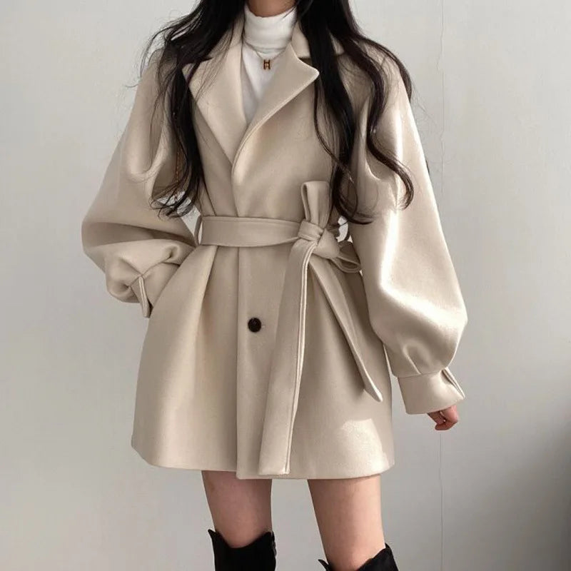 Women's Belted Double Breasted Coat – Long Sleeve Lapel Collar Button Front