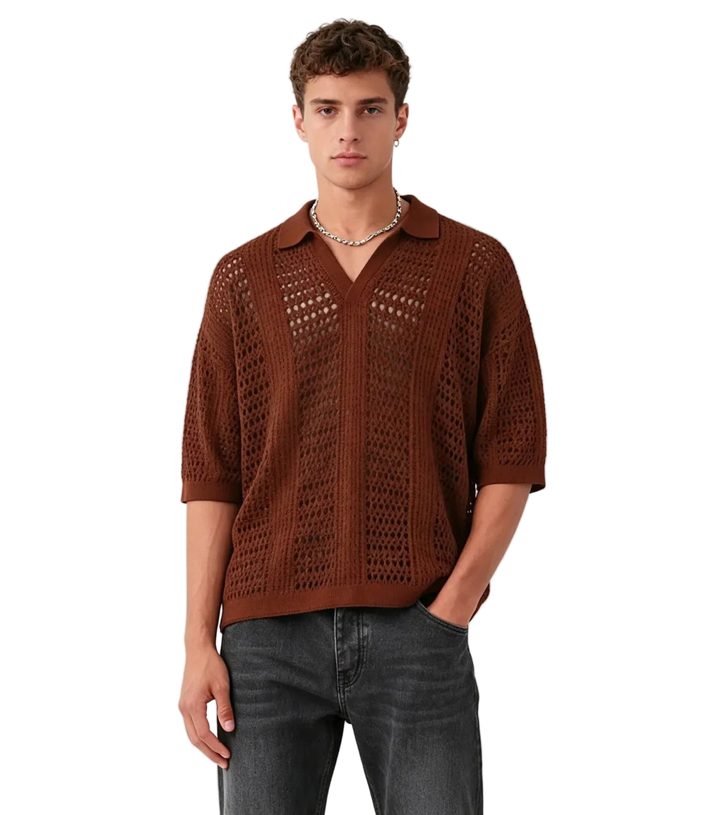 Men's Openwork Knit Polo Shirt