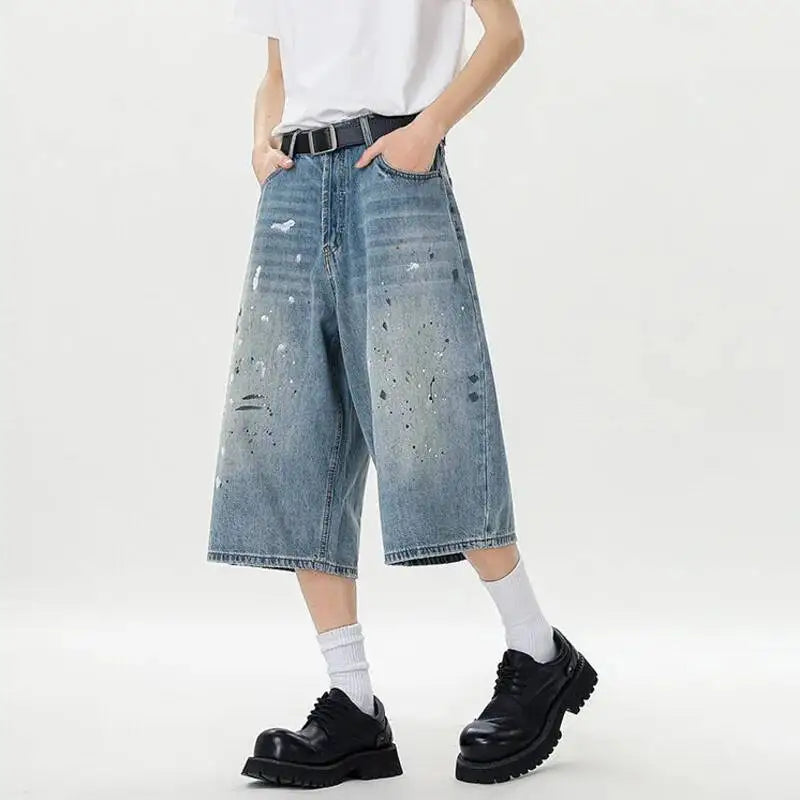 Men's Wide Leg Cropped Straight Denim Jeans With Distressed Detail