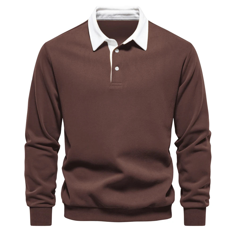 Men's Classic Collared Long Sleeve Polo Shirt with Ribbed Cuffs