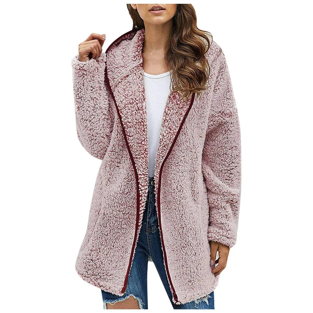 Women's Longline Teddy Fleece Coat – Open Front Jacket with Lapel Collar and Pockets