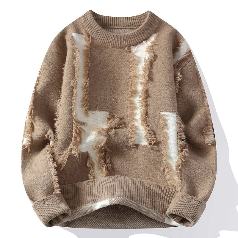 Men's Distressed Knit Jumper with Textured Panel Detail