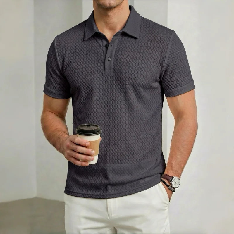 Men's Textured Short Sleeve Polo Shirt with Button Placket