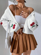 Women's Cherry Knit Cardigan – Button Front V Neck Jumper with Long Sleeves