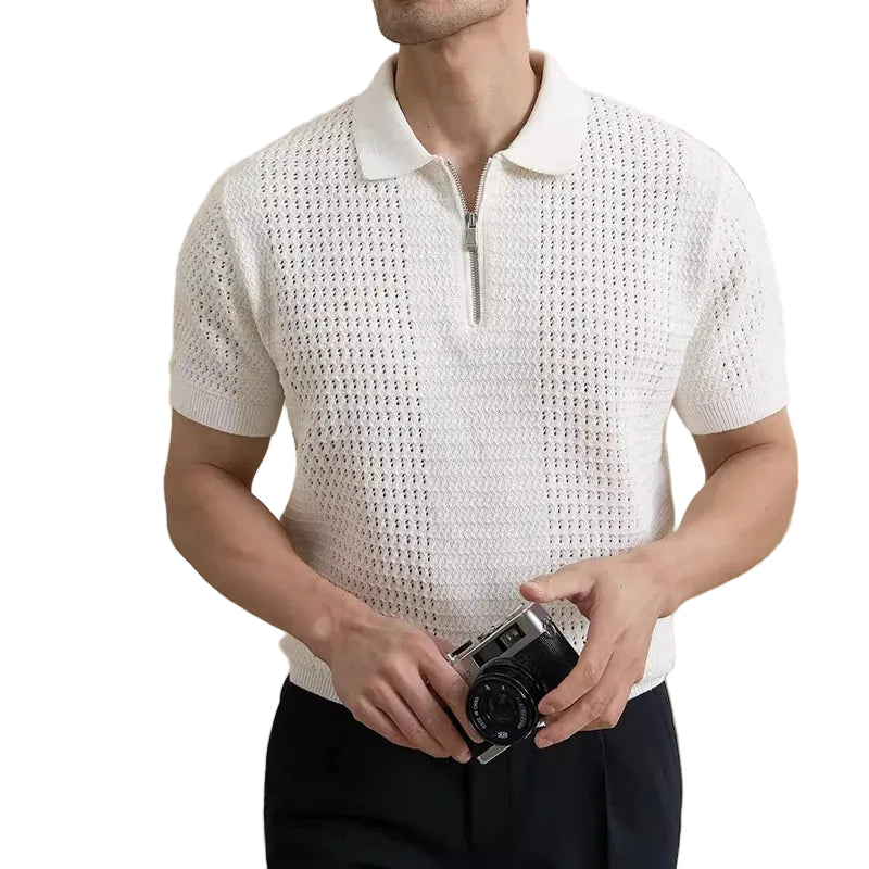 Mens Textured Knit Half Zip Polo