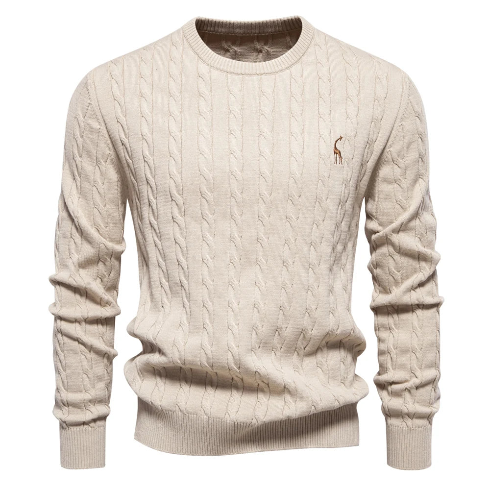 Men's Cable Pattern Sweater Ribbed Hem Crewneck Pullover