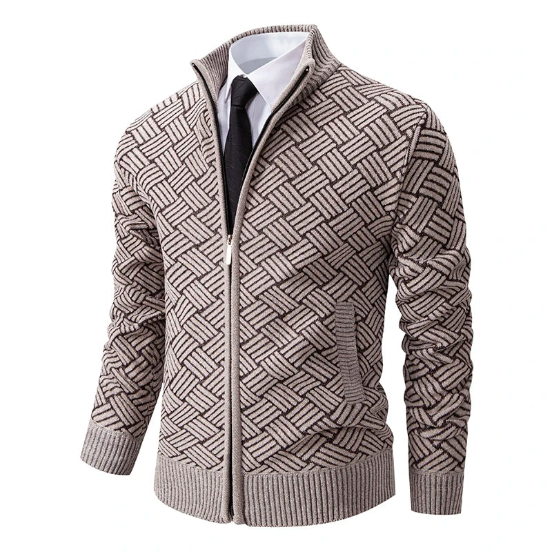 Men's Knitted Zip Cardigan – Long Sleeve Stand Collar Sweater with Geometric Pattern