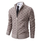 Men's Knitted Zip Cardigan – Long Sleeve Stand Collar Sweater with Geometric Pattern