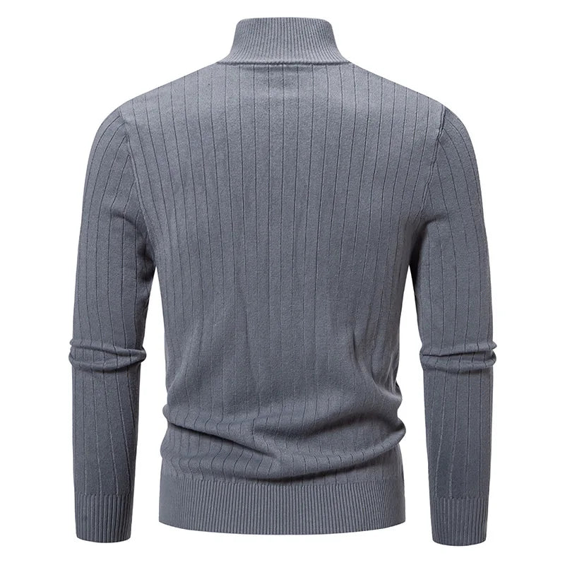 Men's Knitted Quarter Zip Jumper – Long Sleeve Ribbed Sweater with Stand Collar