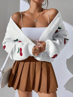 Women's Cherry Knit Cardigan – Button Front V Neck Jumper with Long Sleeves