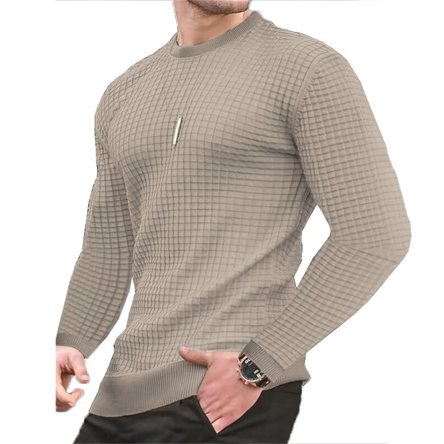 Men's Grid Pattern Crew Neck Knit Jumper