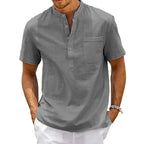Band Collar Button Front Short Sleeve Shirt