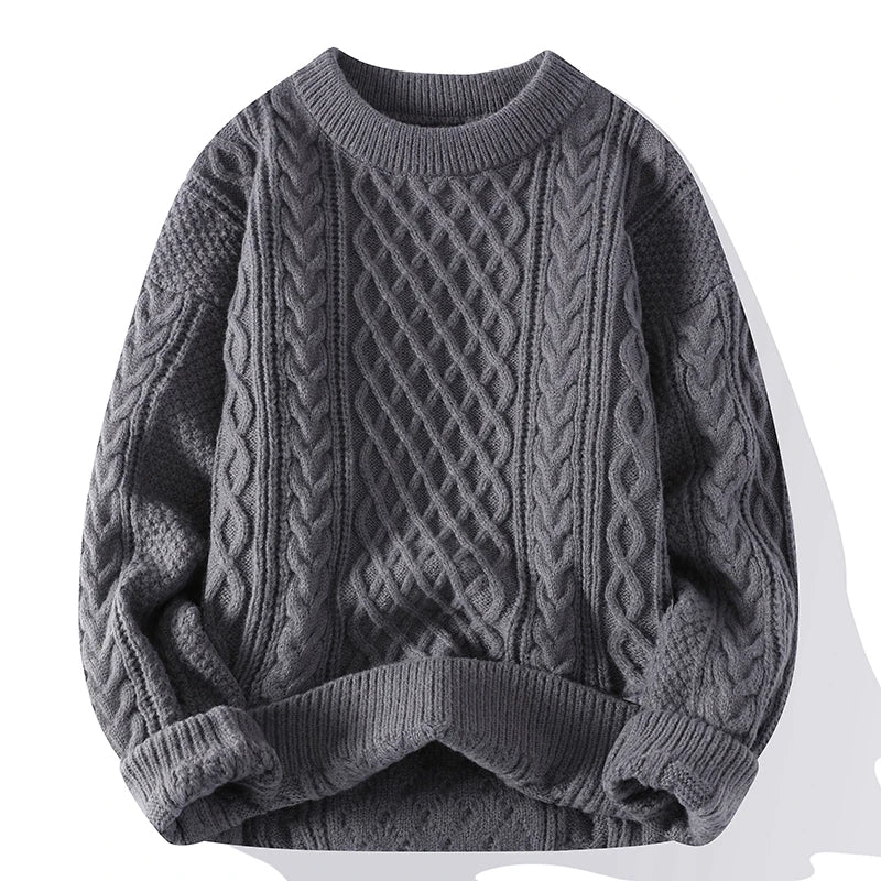 Men's Cable Knit Jumper with Crew Neck and Ribbed Trims