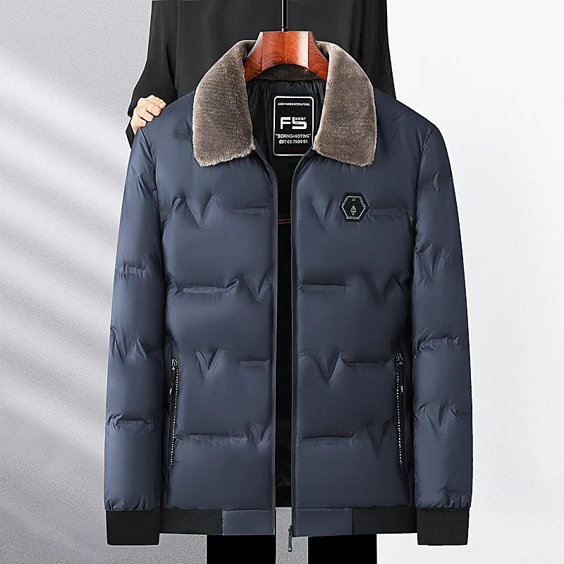 Men's Puffer Jacket – Quilted Winter Coat with Zip Front, Long Sleeves and Fur Collar