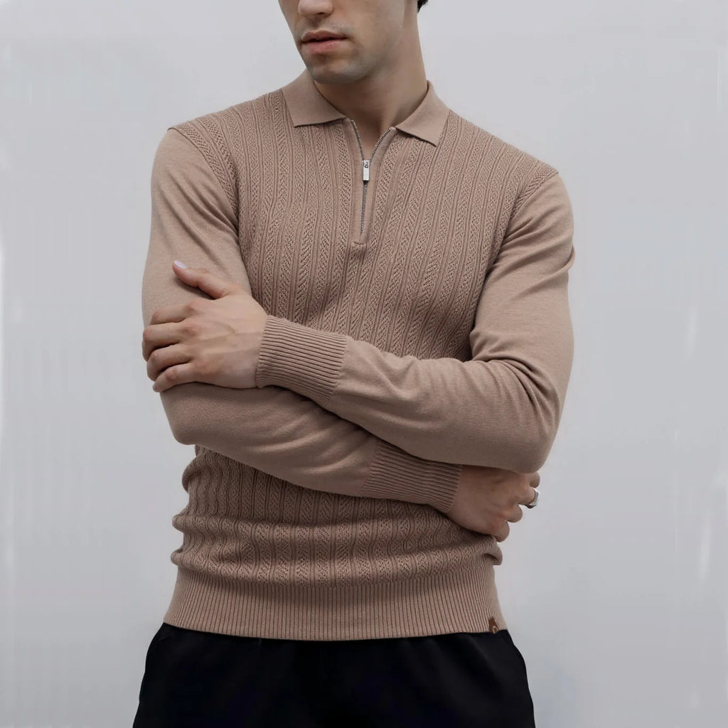 Men's Quarter Zip Polo Sweater with Long Sleeves and Ribbed Collar