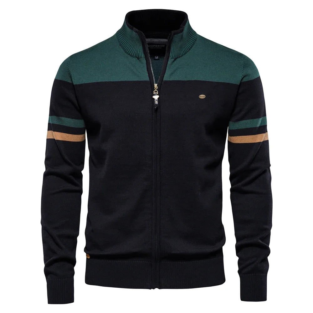 Men's Full Zip Jumper with Stand Collar – Long Sleeve Colour Block Knit