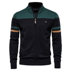 Men's Full Zip Jumper with Stand Collar – Long Sleeve Colour Block Knit