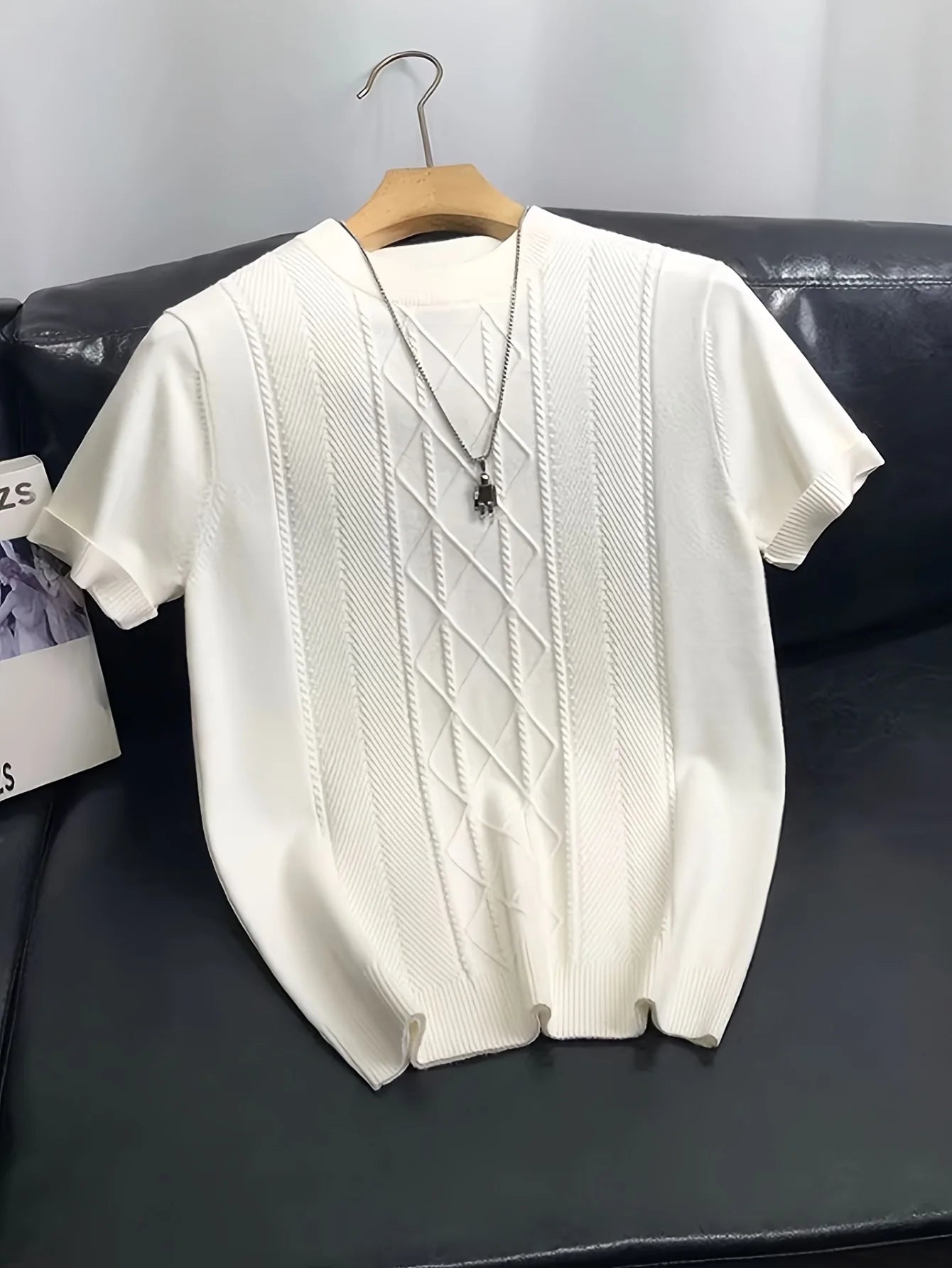 Men's Short Sleeve Cable Detail Top