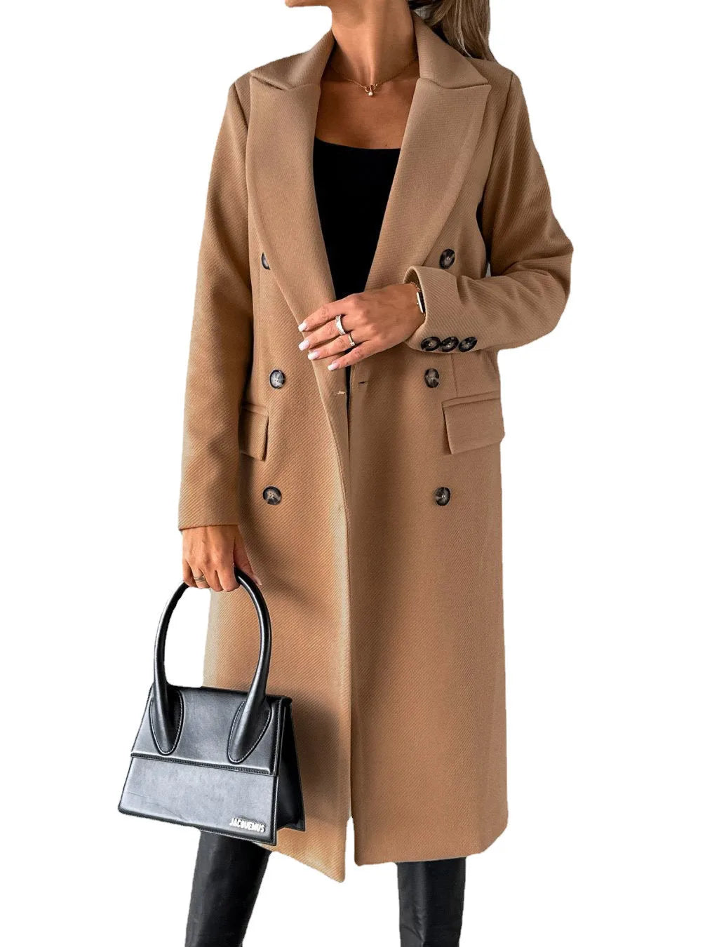 Women's Longline Double Breasted Coat – Long Sleeve Lapel Collar Button Front