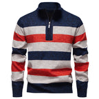 Men's Knitted Striped Quarter-Zip Jumper – Long Sleeve High Neck Pullover