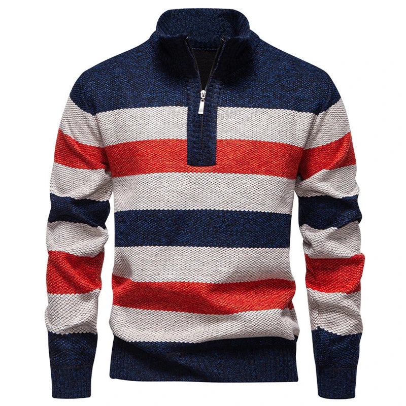 Men's Knitted Striped Quarter-Zip Jumper – Long Sleeve High Neck Pullover