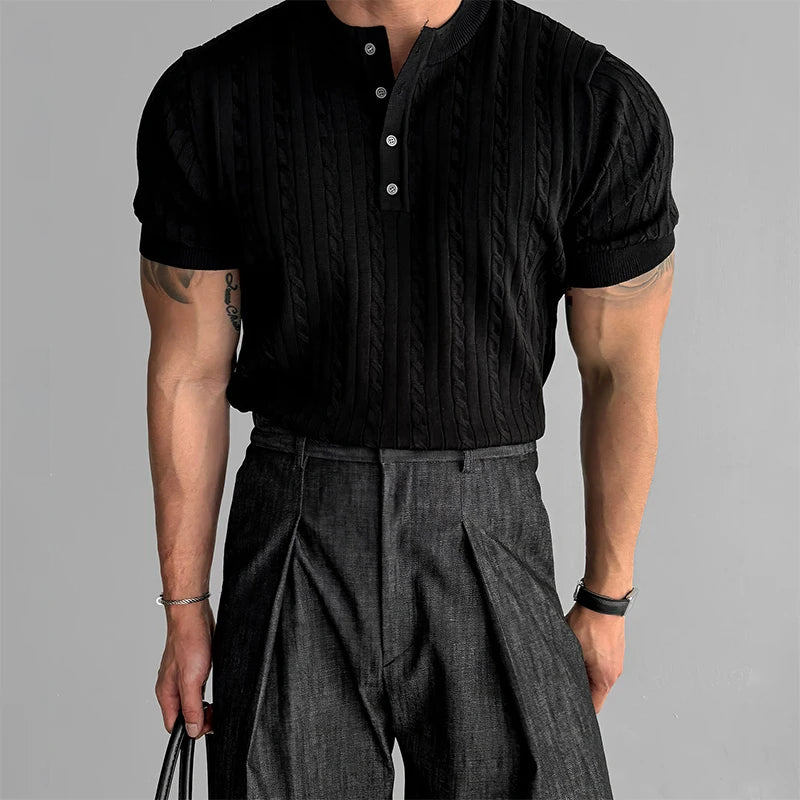 Mens Ribbed Texture Henley Polo Shirt