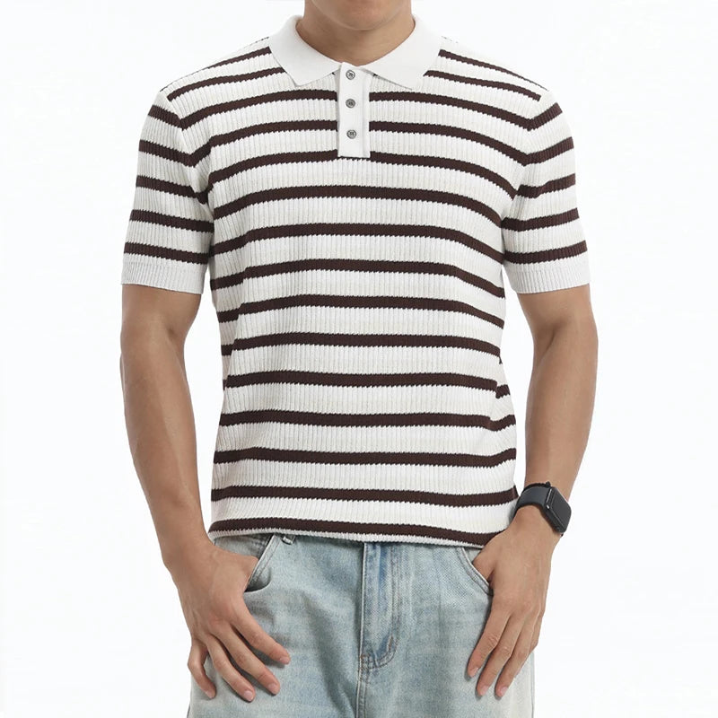 Button Placket Striped T Shirt Men