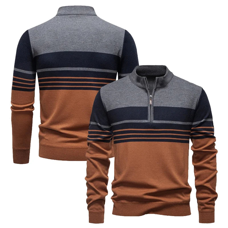 Men's Knitted Quarter Zip Jumper – High Neck Long Sleeve Striped Sweater