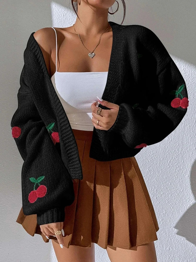 Women's Cherry Knit Cardigan – Button Front V Neck Jumper with Long Sleeves