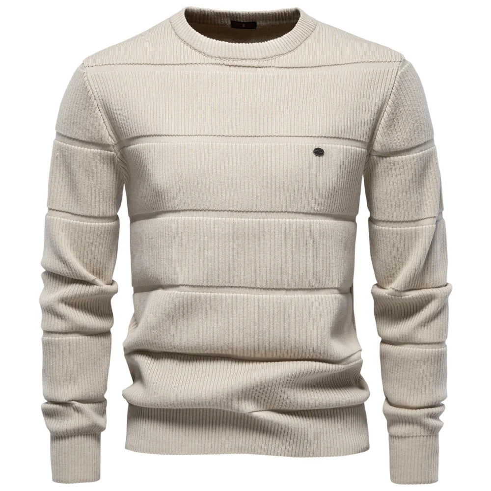 Men's Knitted Crew Neck Jumper – Long Sleeve Textured Sweater with Ribbed Trims
