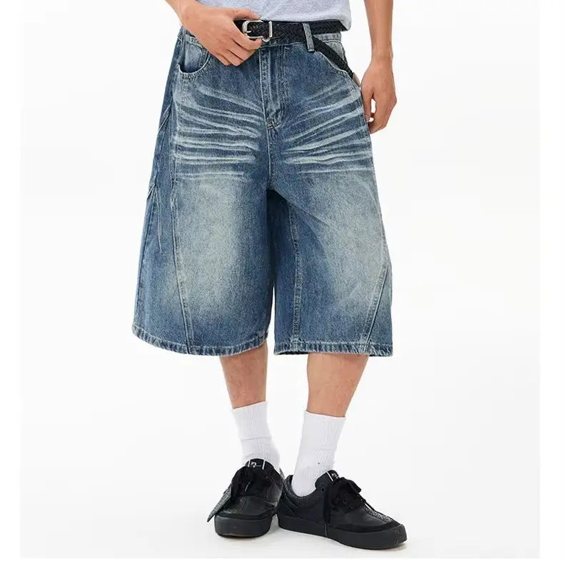 Men's Wide Leg Denim Bermuda Shorts With Classic Pockets