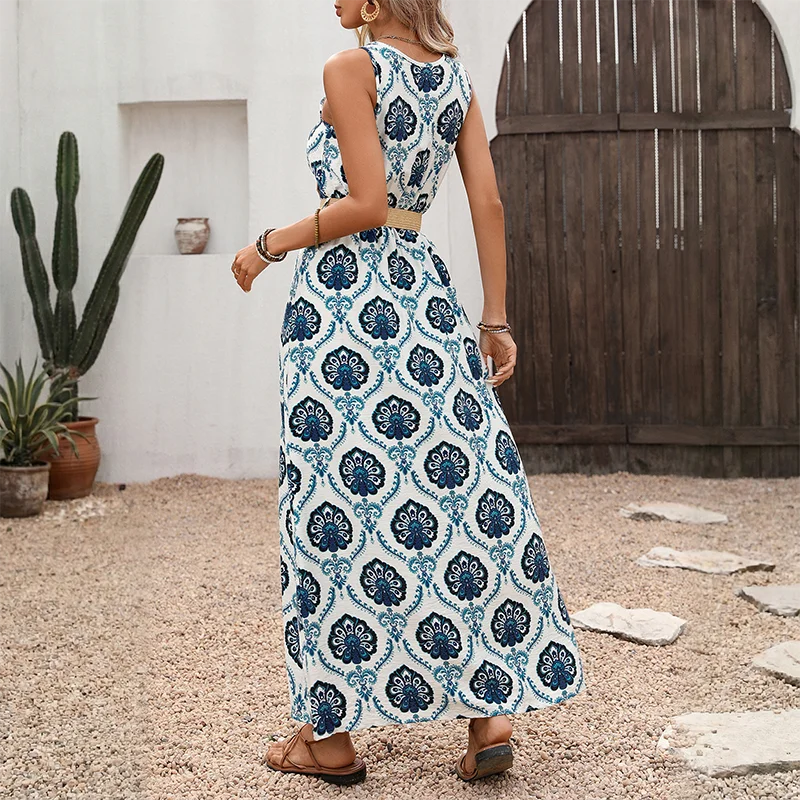 Women's Belted Printed Maxi Dress