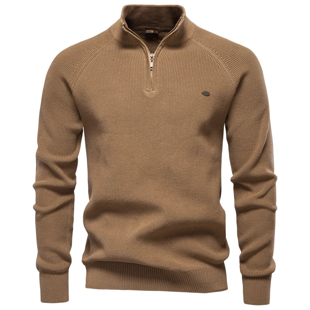 Men's Mock Neck Zip Sweater with Long Sleeve Design