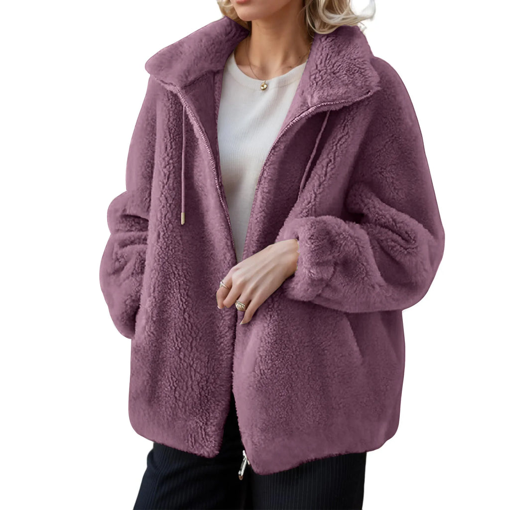 Women's Fleece Teddy Jacket – Hooded Full Zip Winter Coat with Front Pockets