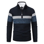 Men's Knitted Striped Quarter-Zip Jumper – Long Sleeve High Neck Pullover Sweater